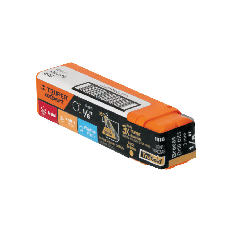 Broca HSS 1/8' Trugold para metal, Truper Expert Caja con 20, 11118