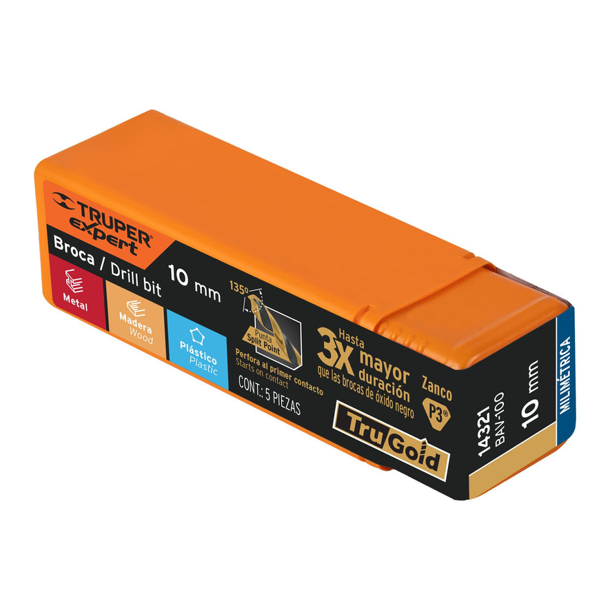 Broca HSS 10.0 mm Trugold para metal, Truper Expert Caja con 5, 14321