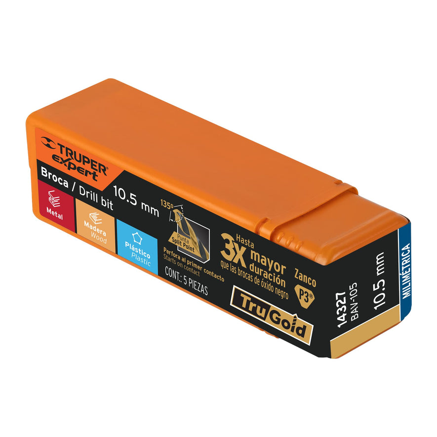 Broca HSS 10.5 mm Trugold para metal, Truper Expert Caja con 5, 14327