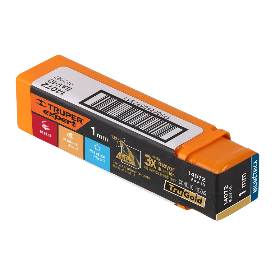 Broca HSS 1.0 mm Trugold para metal, Truper Expert Caja con 10, 14072