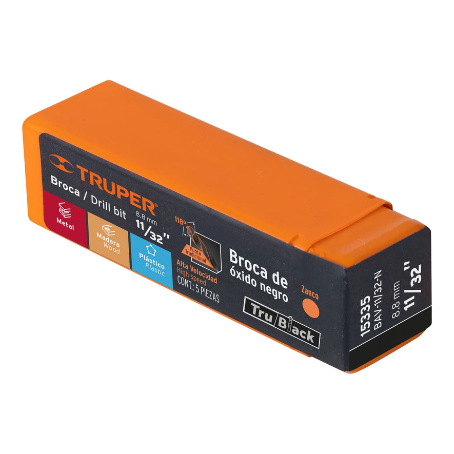 Broca HSS 11/32' Trublack para metal, Truper Caja con 5, 15335