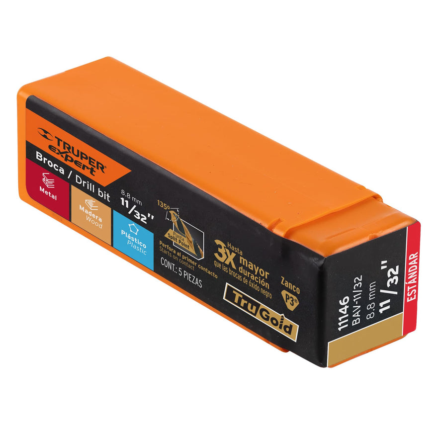 Broca HSS 11/32' Trugold para metal, Truper Expert Caja con 5, 11146