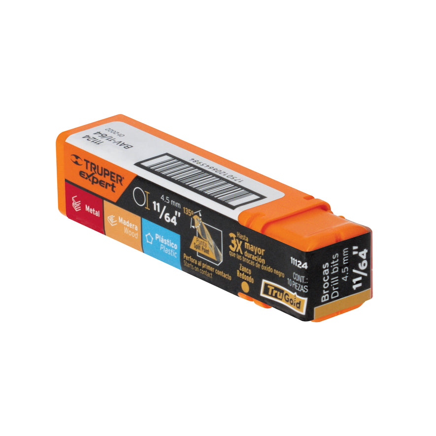 Broca HSS 11/64' Trugold para metal, Truper Expert Caja con 10, 11124