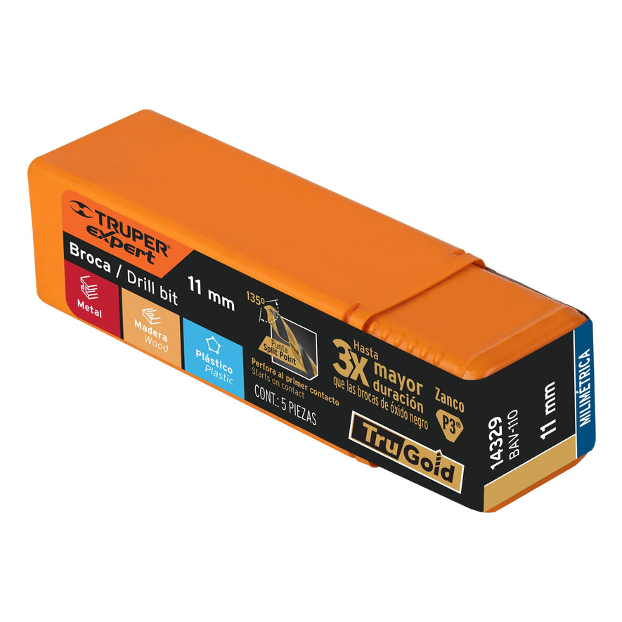 Broca HSS 11.0 mm Trugold para metal, Truper Expert Caja con 5, 14329