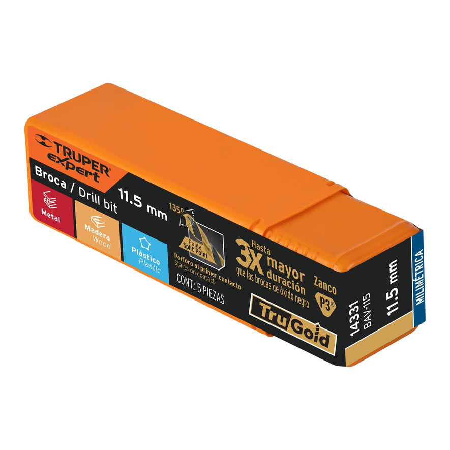 Broca HSS 11.5 mm Trugold para metal, Truper Expert Caja con 5, 14331