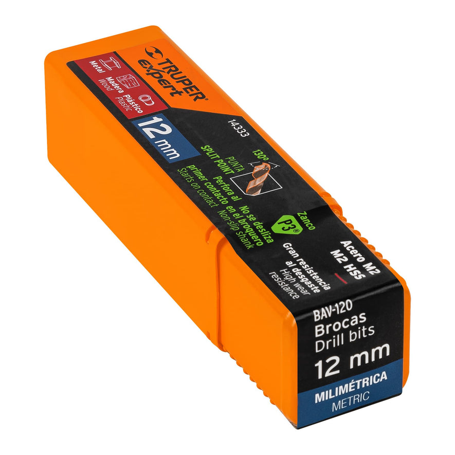 Broca HSS 12.0 mm Trugold para metal, Truper Expert Caja con 5, 14333