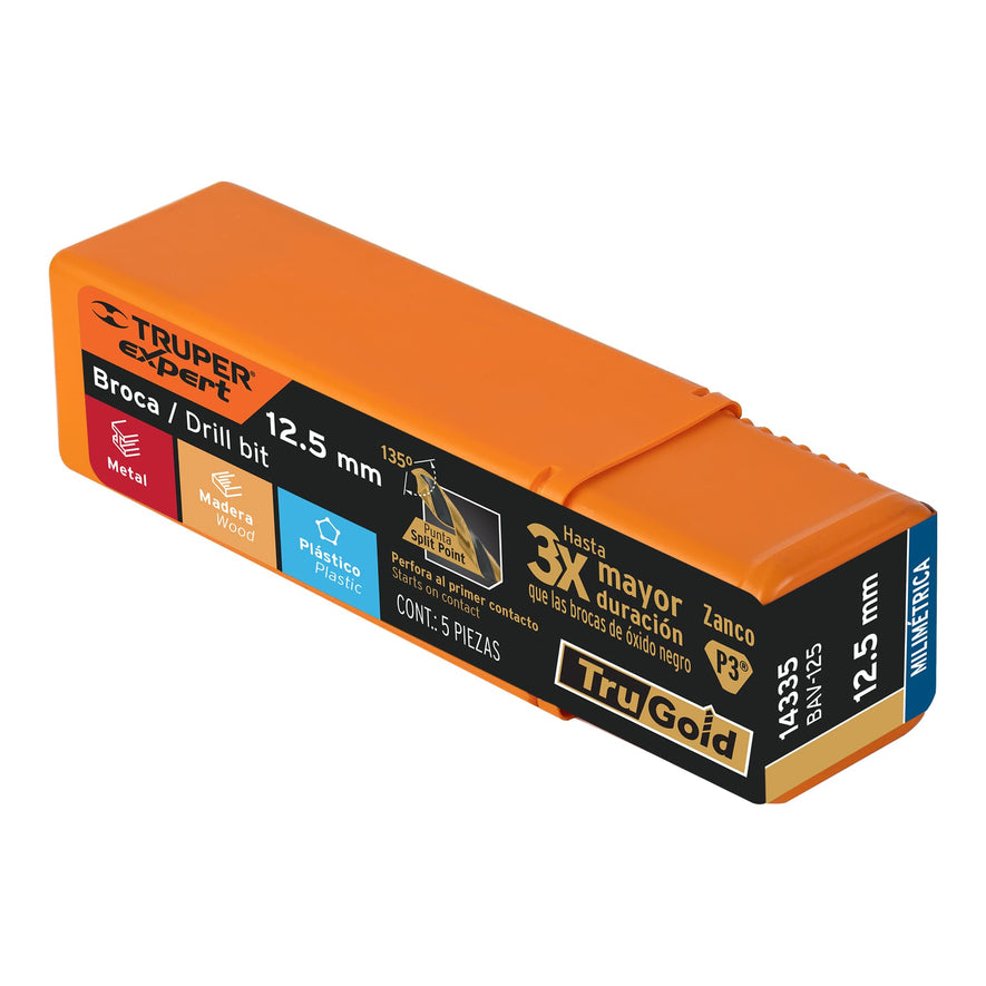 Broca HSS 12.5 mm Trugold para metal, Truper Expert Caja con 5, 14335