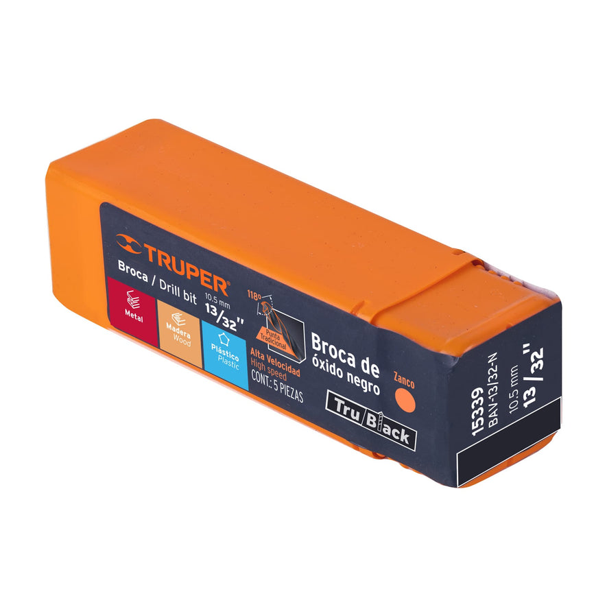 Broca HSS 13/32' Trublack para metal, Truper Caja con 5, 15339