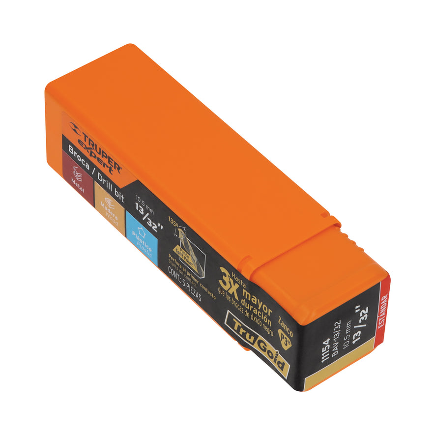 Broca HSS 13/32' Trugold para metal, Truper Expert Caja con 5, 11154