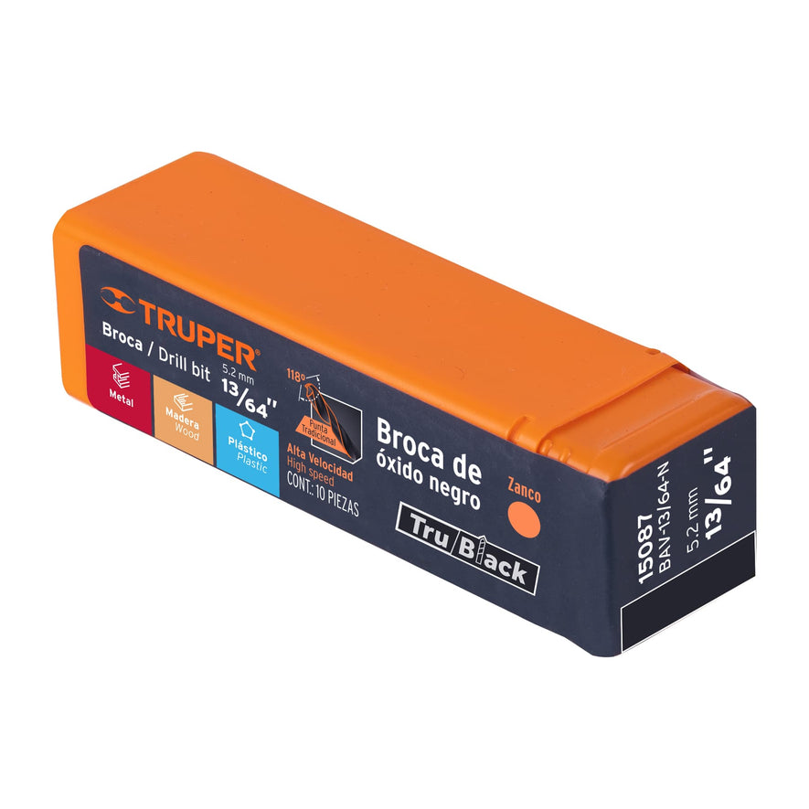 Broca HSS 13/64' Trublack para metal, Truper Caja con 10, 15087