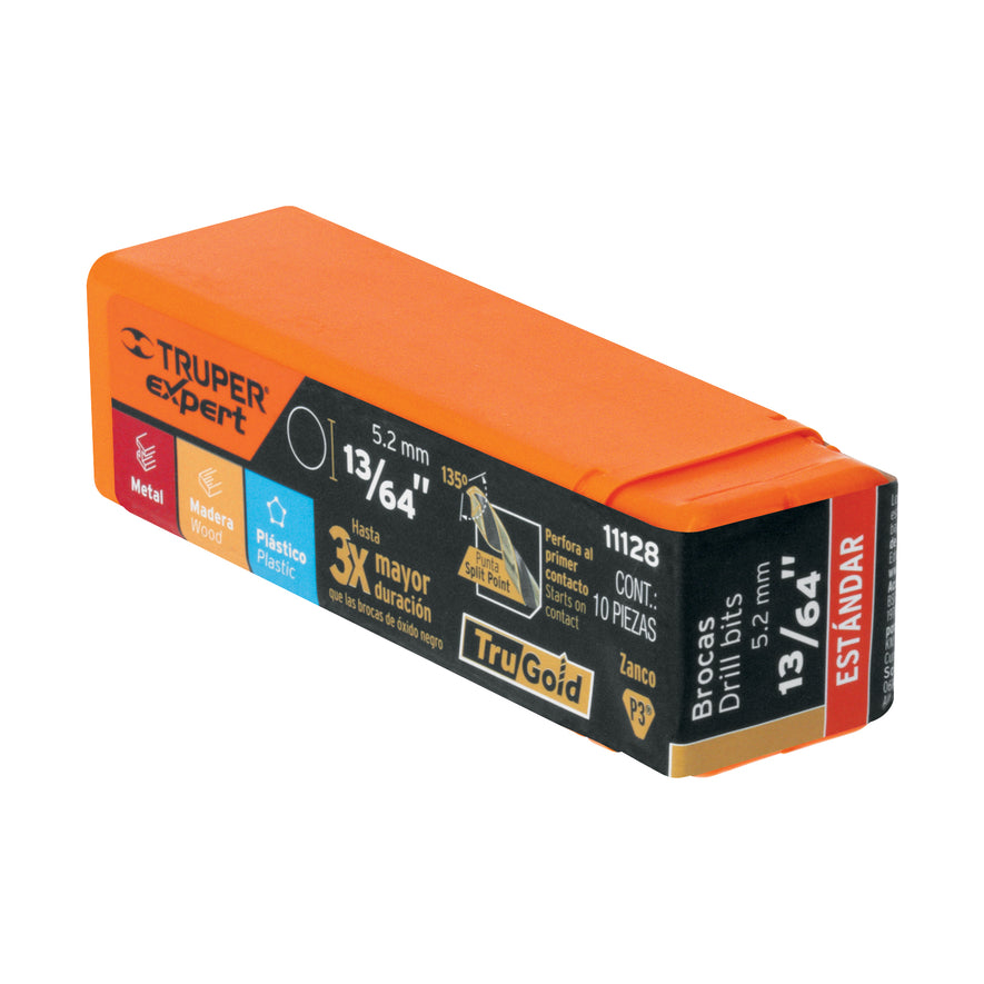 Broca HSS 13/64' Trugold para metal, Truper Expert Caja con 10, 11128