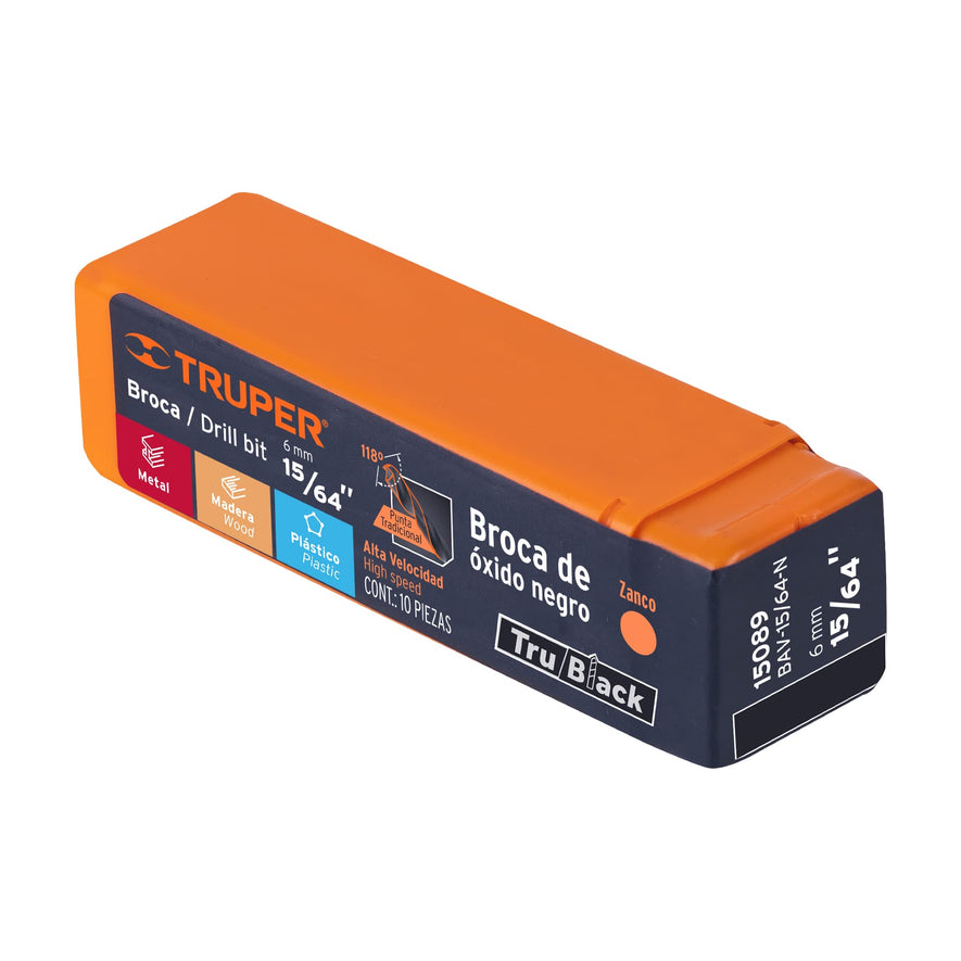 Broca HSS 15/64' Trublack para metal, Truper Caja con 10, 15089