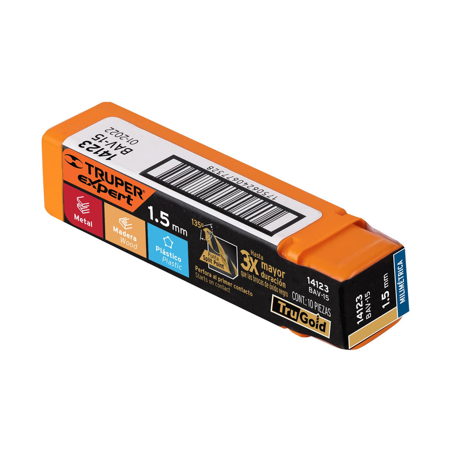 Broca HSS 1.5 mm Trugold para metal, Truper Expert Caja con 10, 14123