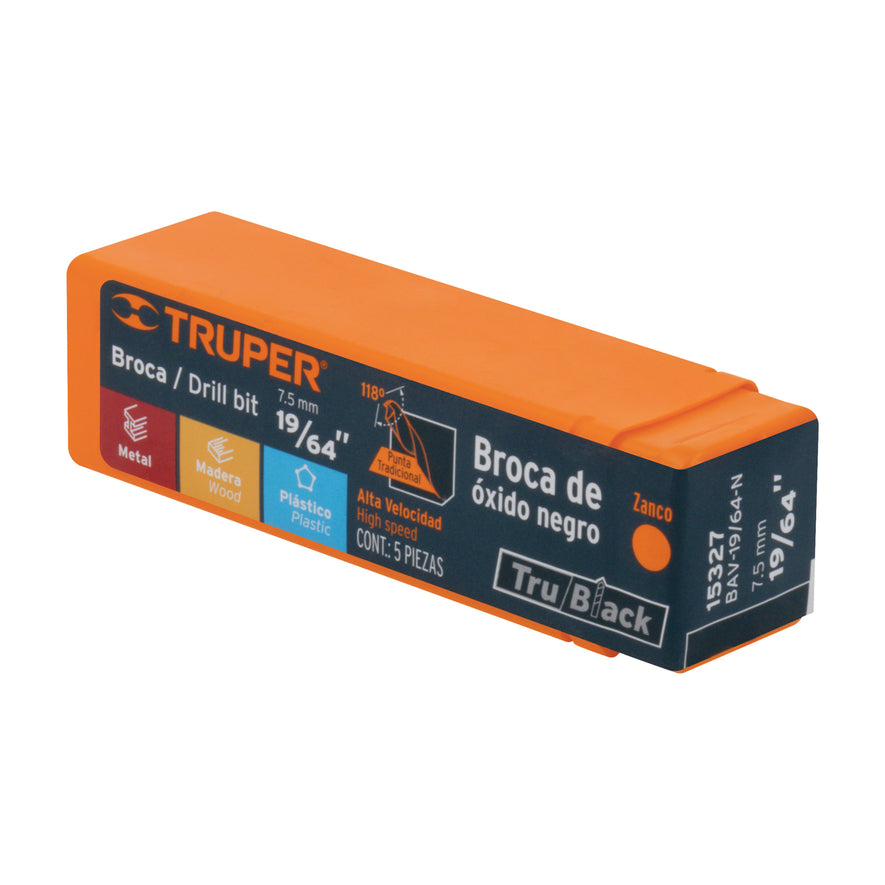 Broca HSS 19/64' Trublack para metal, Truper Caja con 5, 15327