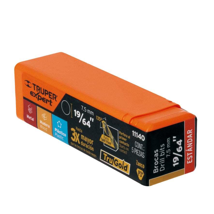 Broca HSS 19/64' Trugold para metal, Truper Expert Caja con 5, 11140