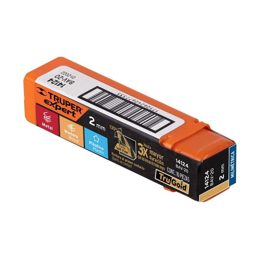 Broca HSS 2.0 mm Trugold para metal, Truper Expert Caja con 10, 14124