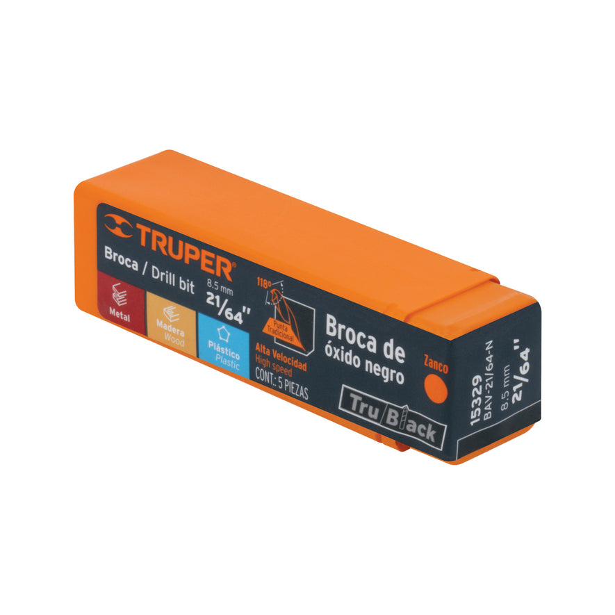 Broca HSS 21/64' Trublack para metal, Truper Caja con 5, 15329