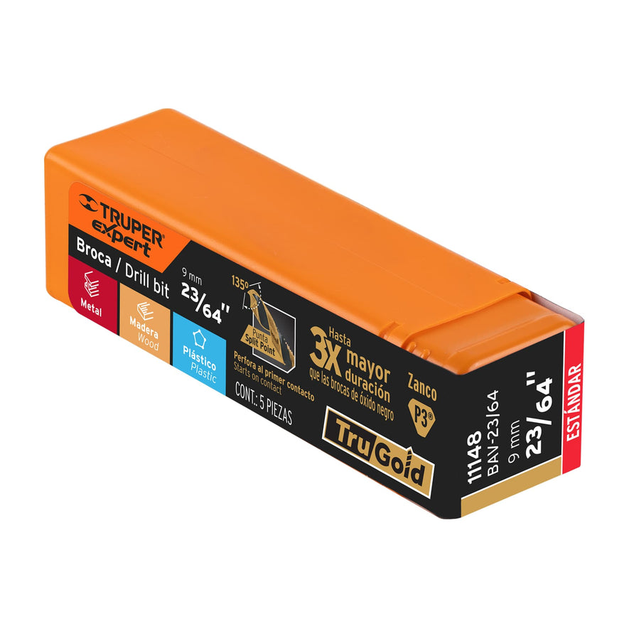 Broca HSS 23/64' Trugold para metal, Truper Expert Caja con 5, 11148