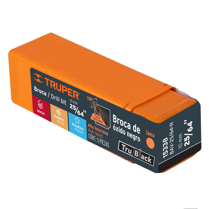 Broca HSS 25/64' Trublack para metal, Truper Caja con 5, 15338