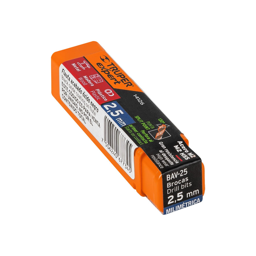 Broca HSS 2.5 mm Trugold para metal, Truper Expert Caja con 10, 14126