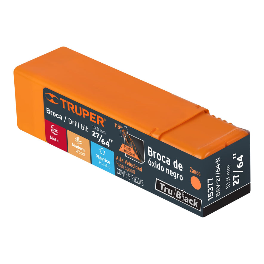Broca HSS 27/64' Trublack para metal, Truper Caja con 5, 15377