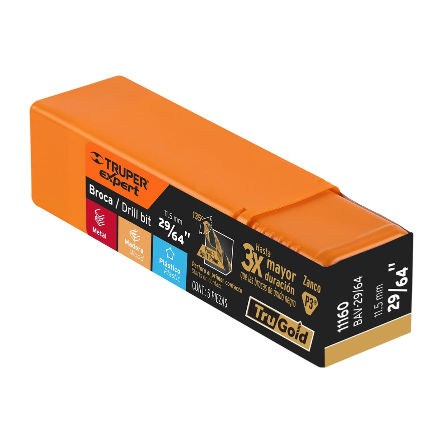 Broca HSS 29/64' Trugold para metal, Truper Expert Caja con 5, 11160