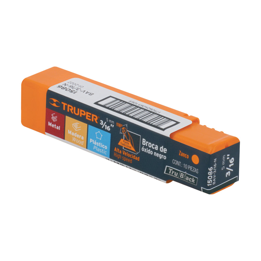 Broca HSS 3/16' Trublack para metal, Truper Caja con 10, 15086