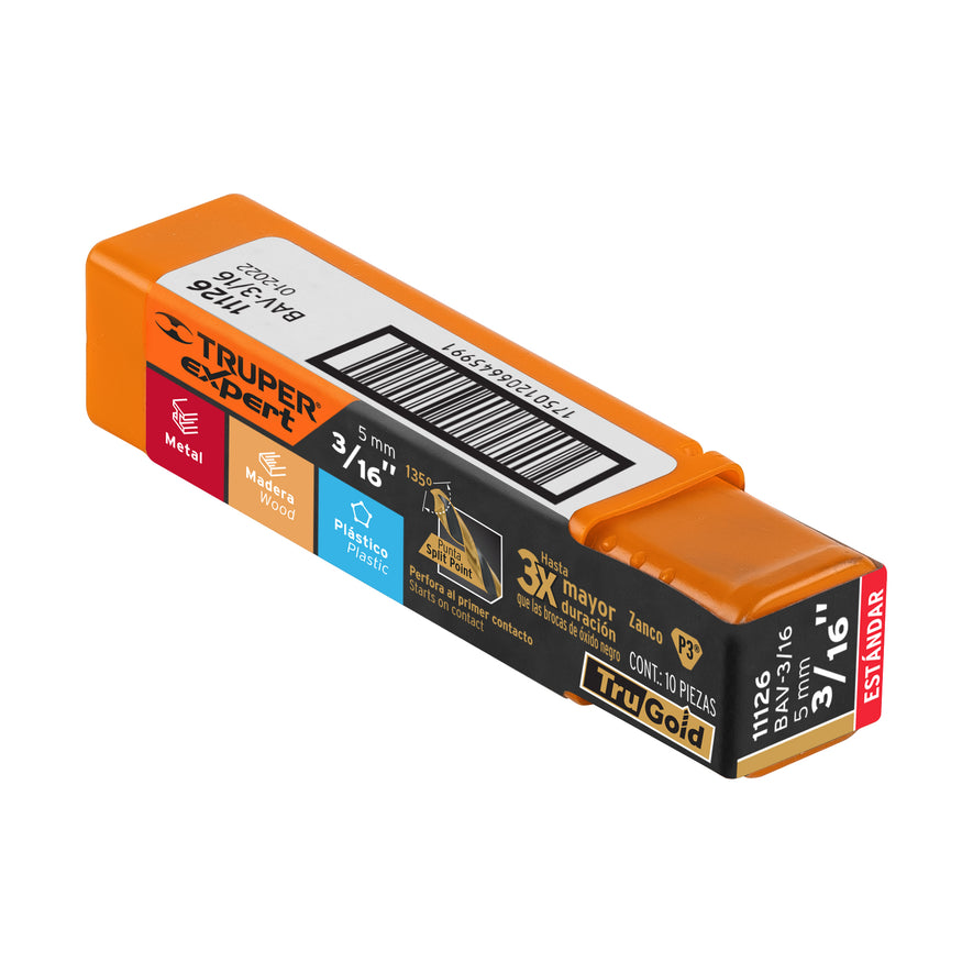 Broca HSS 3/16' Trugold para metal, Truper Expert Caja con 20, 11126