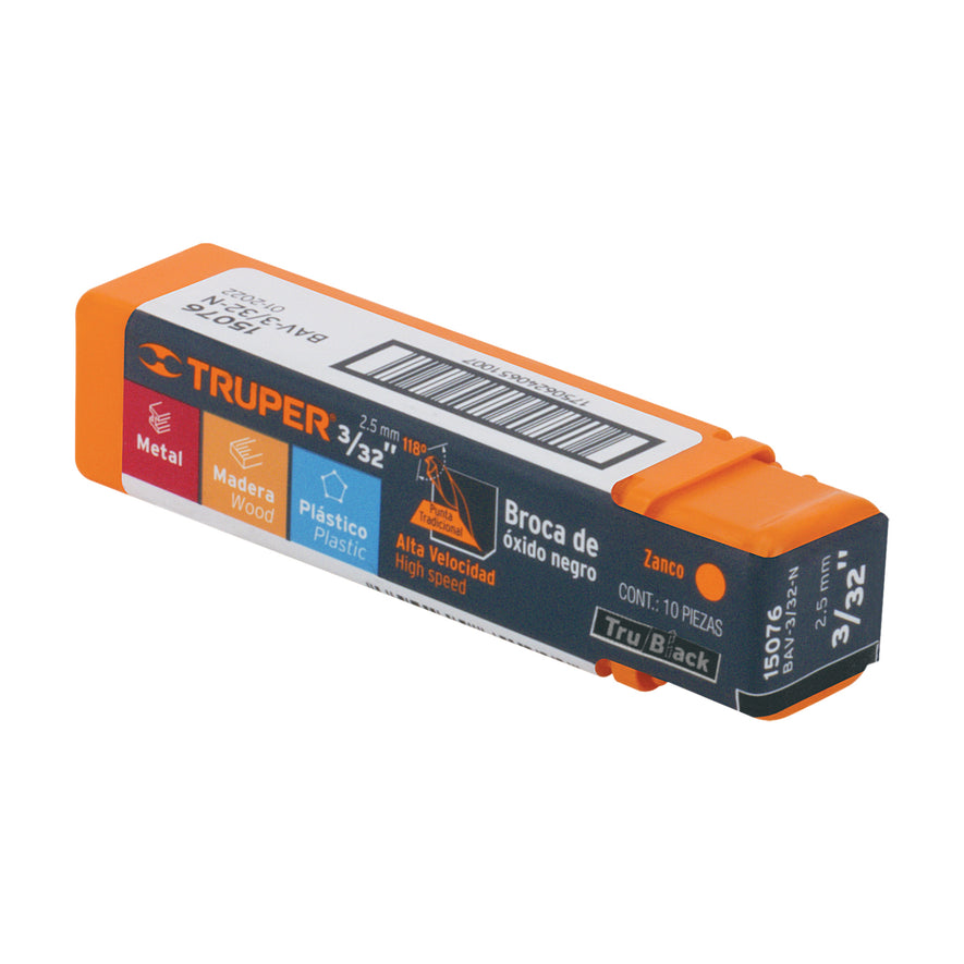 Broca HSS 3/32' Trublack para metal, Truper Caja con 10, 15076