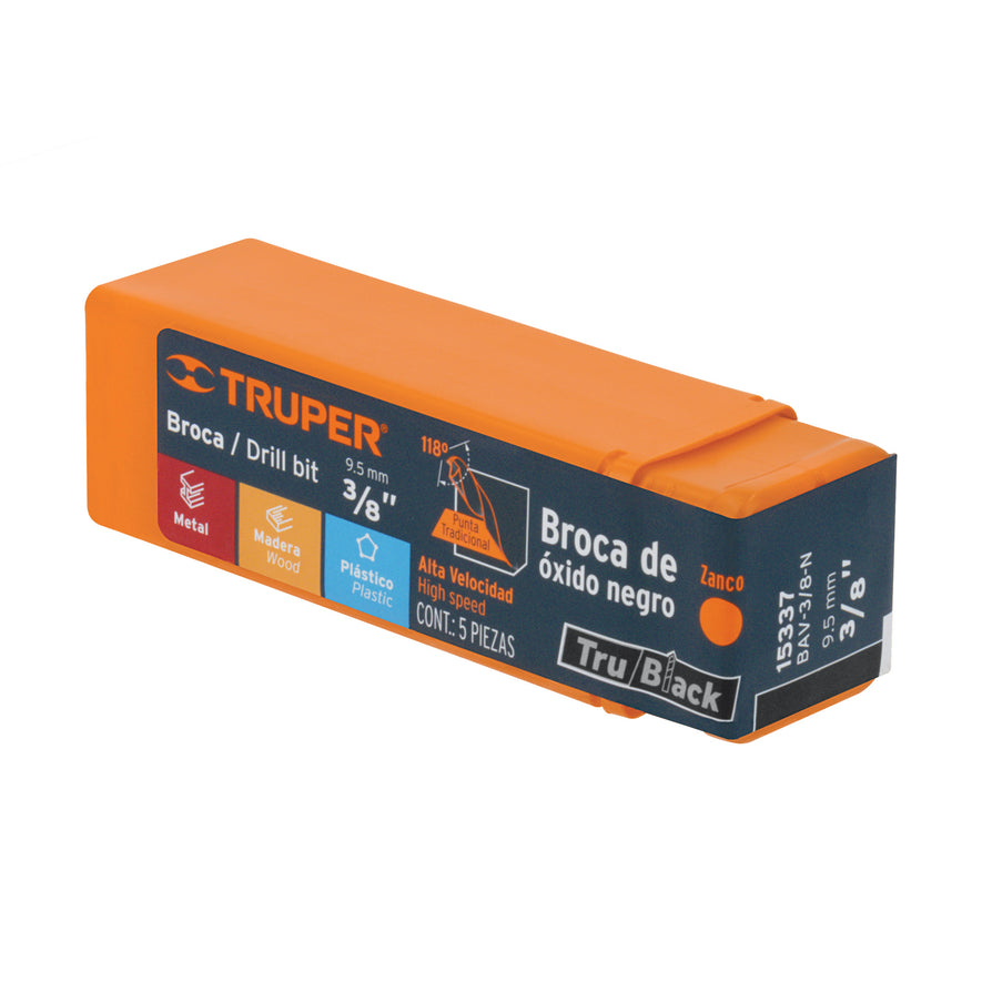 Broca HSS 3/8' Trublack para metal, Truper Caja con 5, 15337