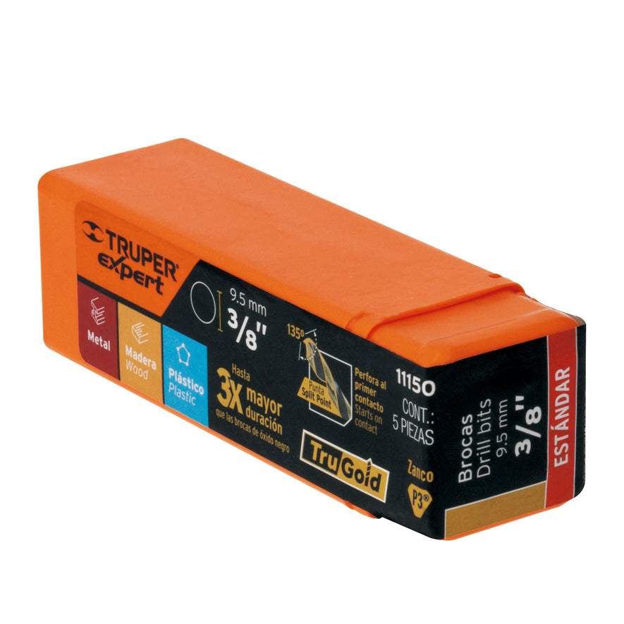 Broca HSS 3/8' Trugold para metal, Truper Expert Caja con 10, 11150