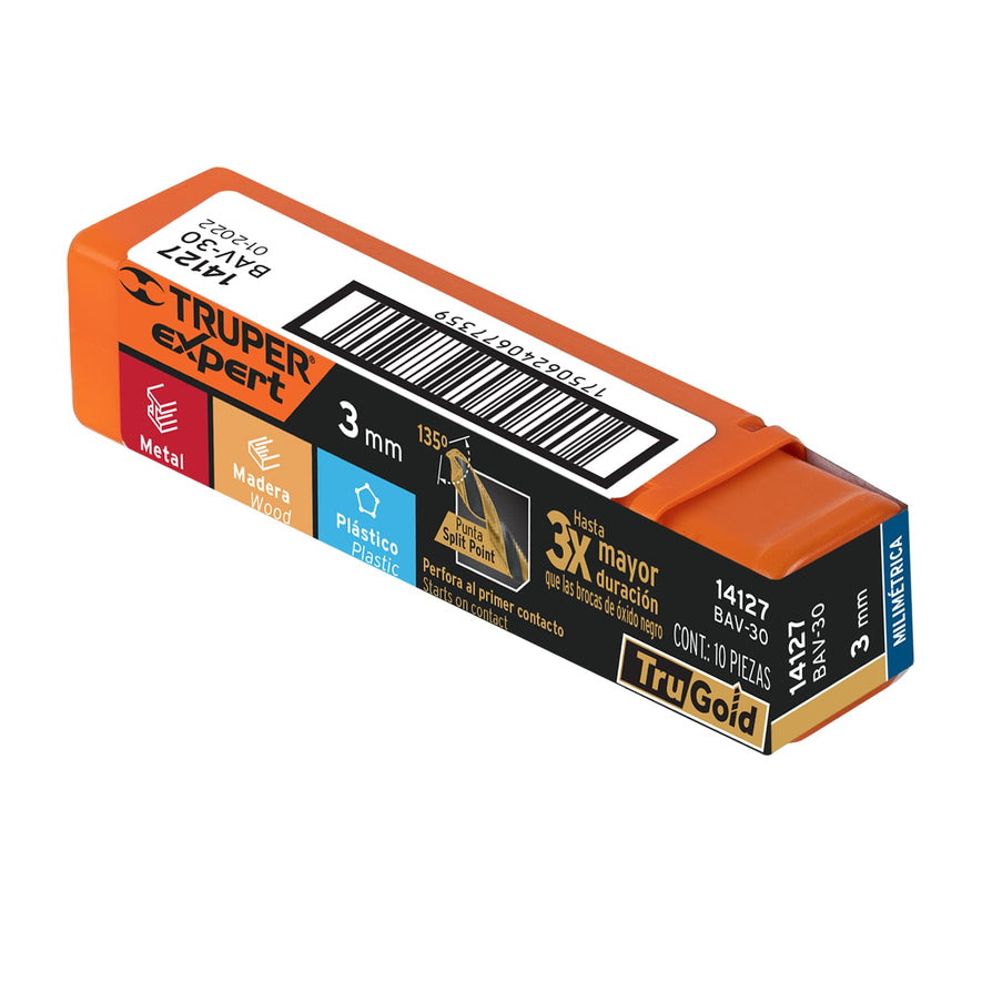 Broca HSS 3.0 mm Trugold para metal, Truper Expert Caja con 10, 14127