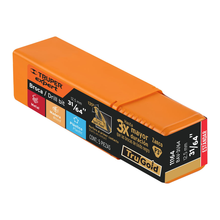 Broca HSS 31/64' Trugold para metal, Truper Expert Caja con 5, 11164