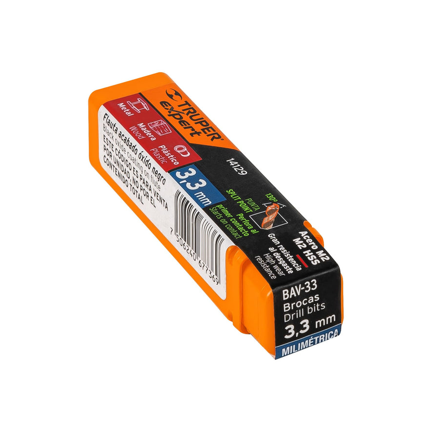 Broca HSS 3.3 mm Trugold para metal, Truper Expert Caja con 10, 14129