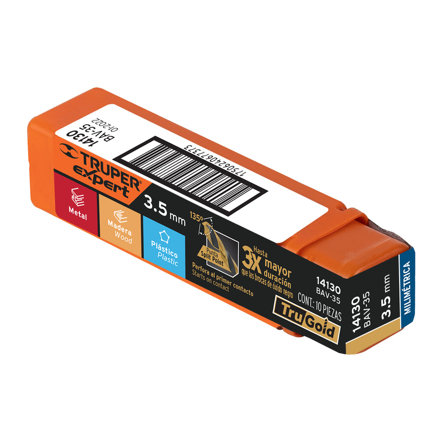 Broca HSS 3.5 mm Trugold para metal, Truper Expert Caja con 10, 14130