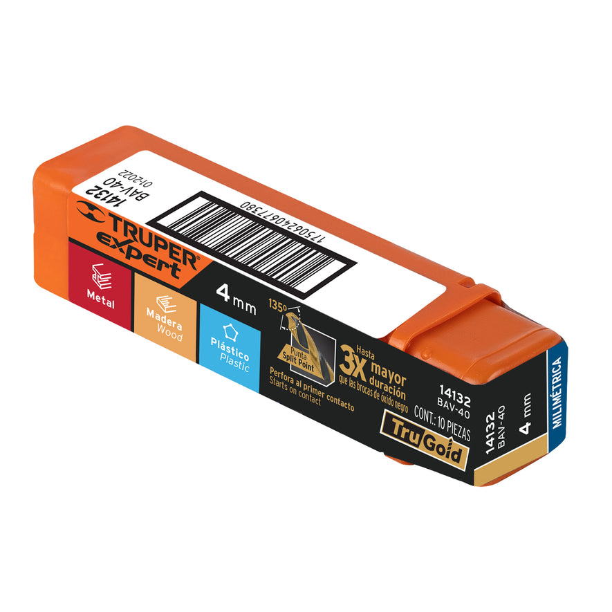 Broca HSS 4.0 mm Trugold para metal, Truper Expert Caja con 10, 14132