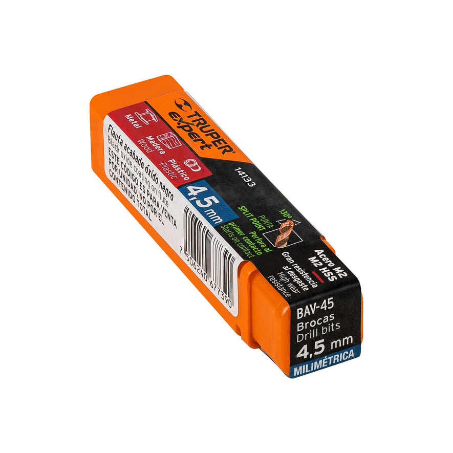 Broca HSS 4.5 mm Trugold para metal, Truper Expert Caja con 10, 14133