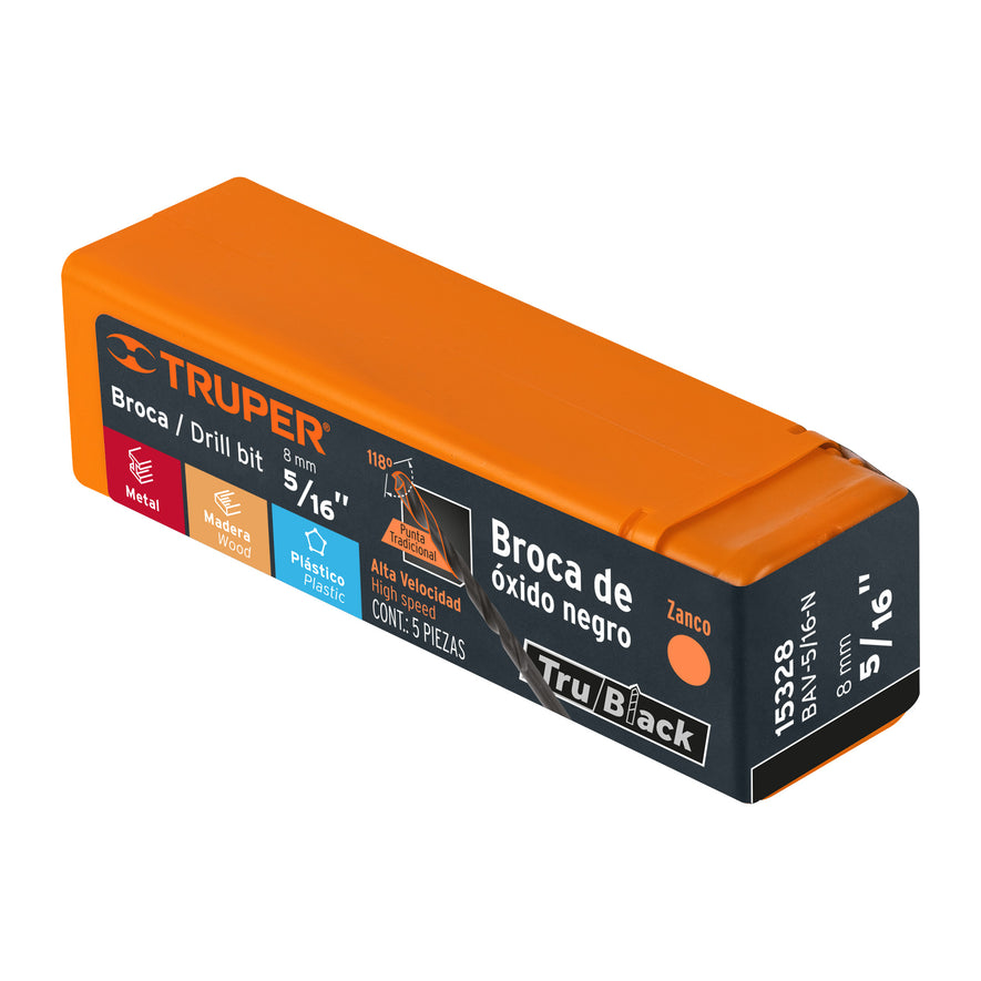 Broca HSS 5/16' Trublack para metal, Truper Caja con 5, 15328