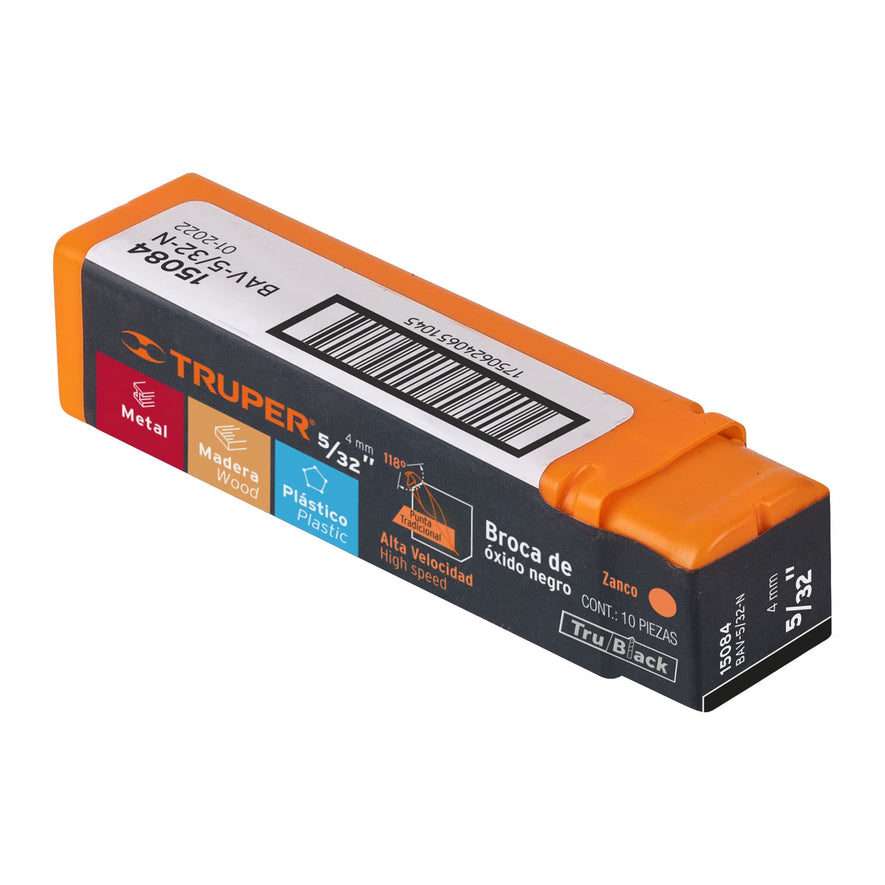 Broca HSS 5/32' Trublack para metal, Truper Caja con 10, 15084
