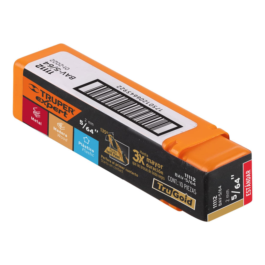 Broca HSS 5/64' Trugold para metal, Truper Expert Caja con 10, 11112