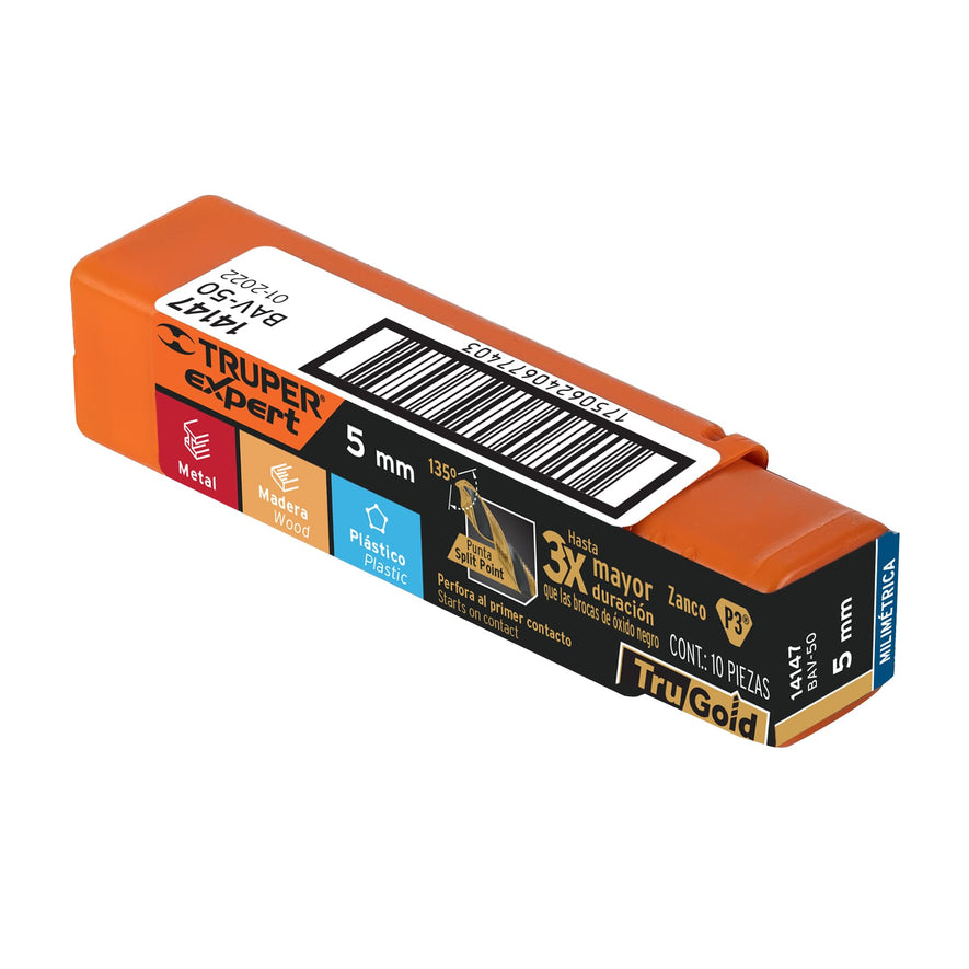 Broca HSS 5.0 mm Trugold para metal, Truper Expert Caja con 10, 14147