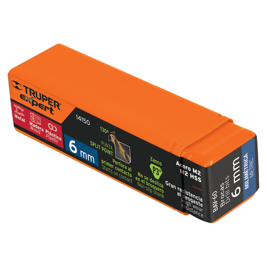 Broca HSS 6.0 mm Trugold para metal, Truper Expert Caja con 10, 14150