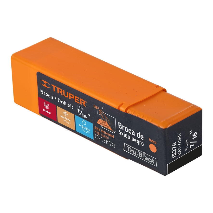 Broca HSS 7/16' Trublack para metal, Truper Caja con 5, 15378