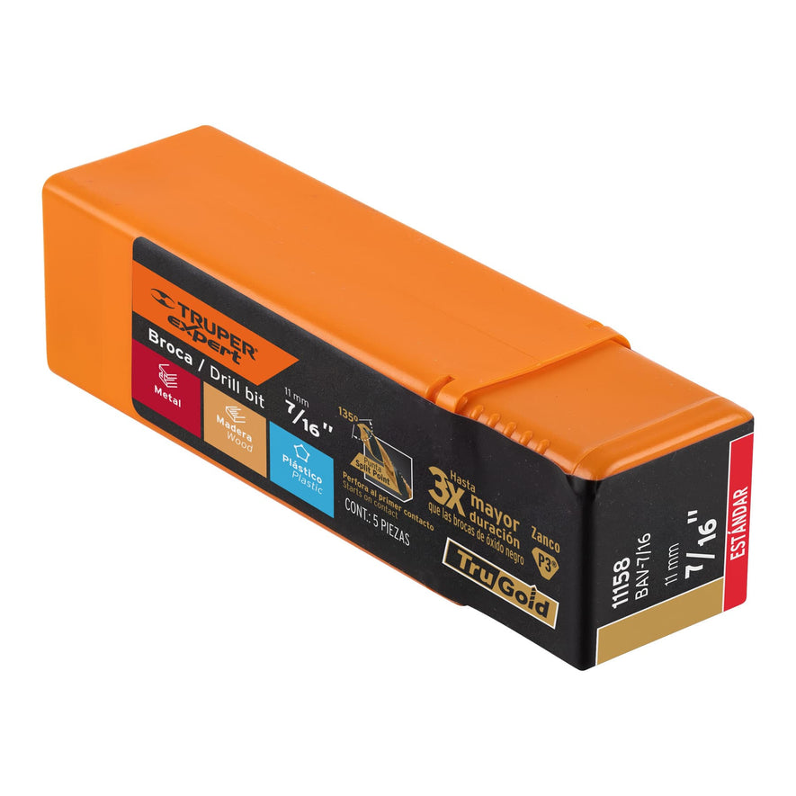 Broca HSS 7/16' Trugold para metal, Truper Expert Caja con 5, 11158