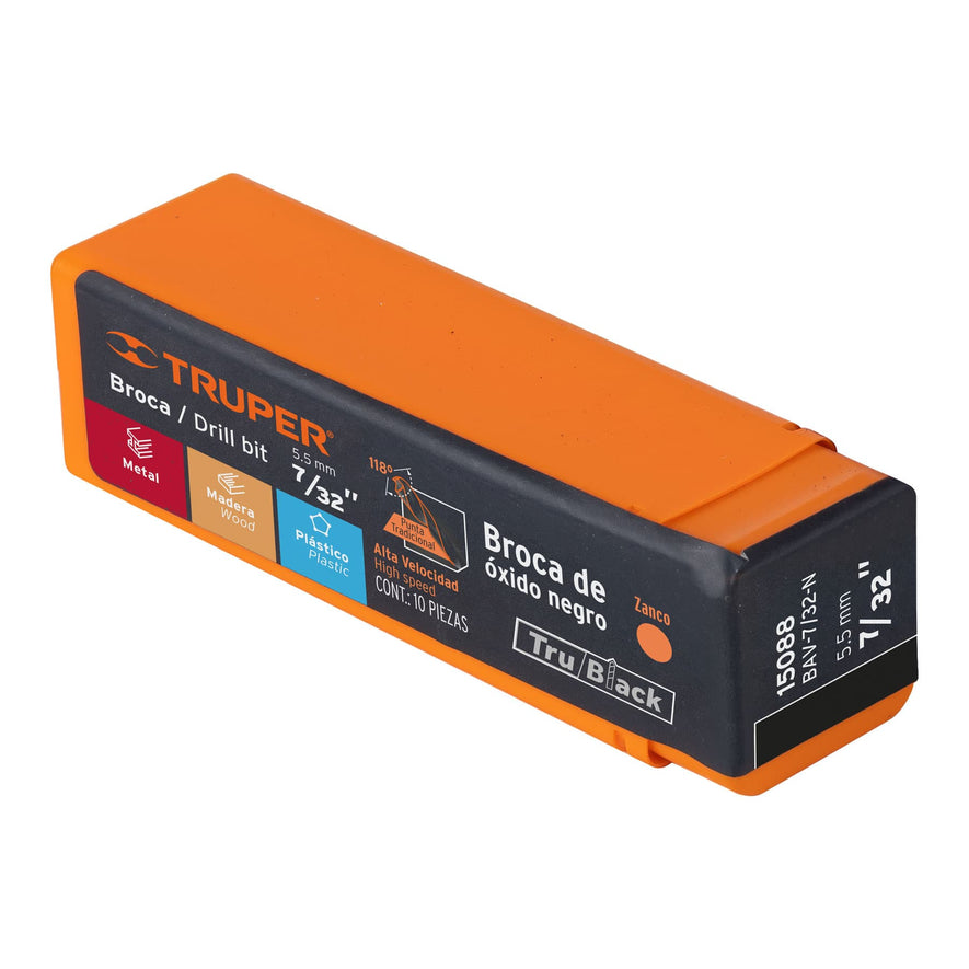 Broca HSS 7/32' Trublack para metal, Truper Caja con 10, 15088