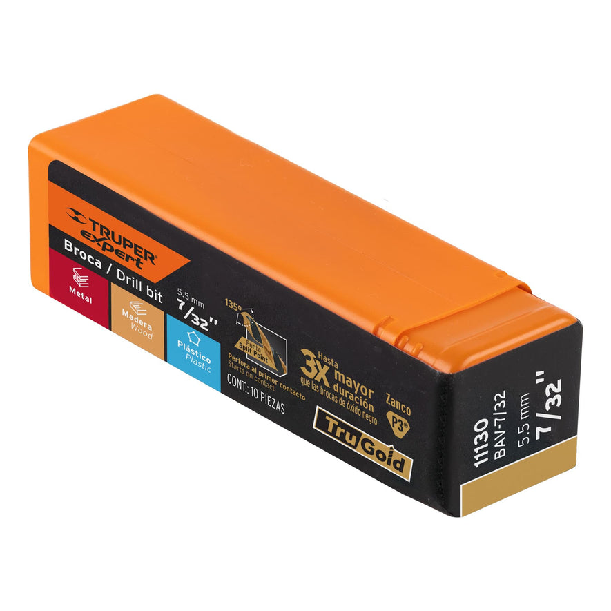 Broca HSS 7/32' Trugold para metal, Truper Expert Caja con 10, 11130