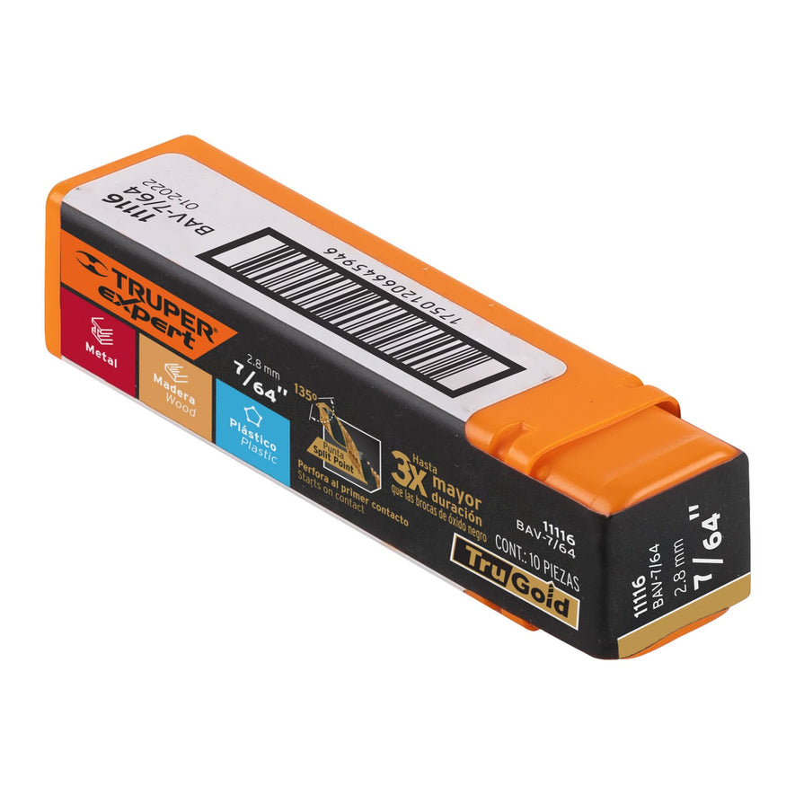Broca HSS 7/64' Trugold para metal, Truper Expert Caja con 10, 11116