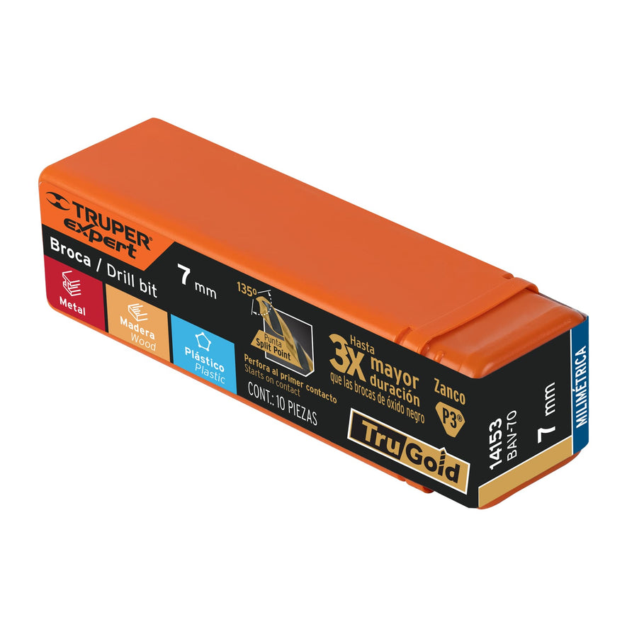 Broca HSS 7.0 mm Trugold para metal, Truper Expert Caja con 10, 14153