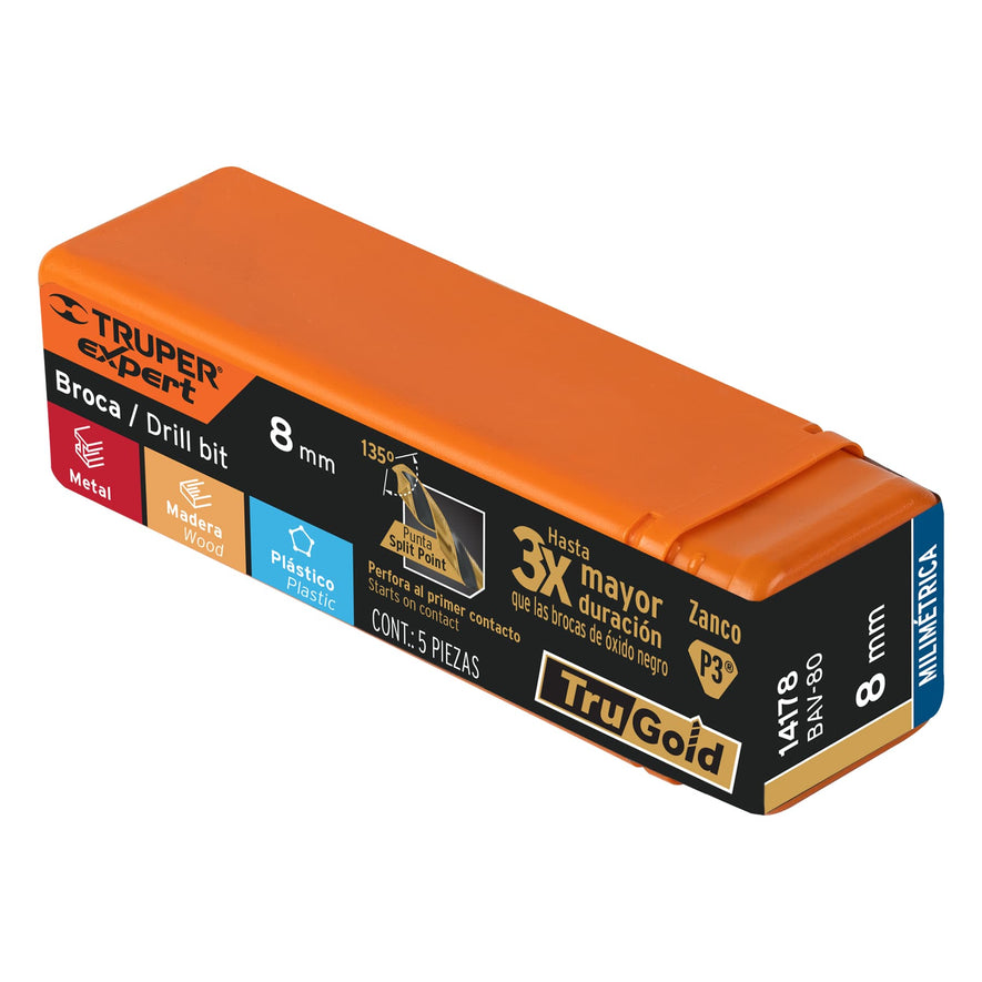 Broca HSS 8.0 mm Trugold para metal, Truper Expert Caja con 5, 14178