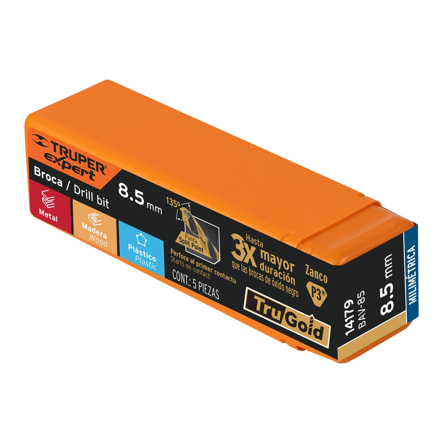 Broca HSS 8.5 mm Trugold para metal, Truper Expert Caja con 5, 14179